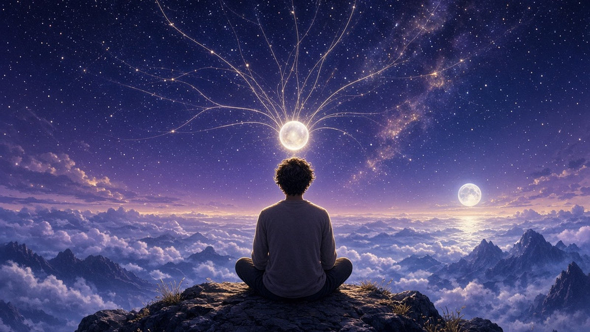 Back view of a person meditating cross-legged at night on a mountain top