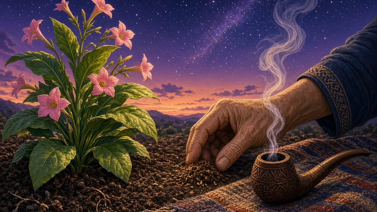 A living tobacco plant with broad green leaves and delicate pink trumpet flowers growing in rich earth at dusk