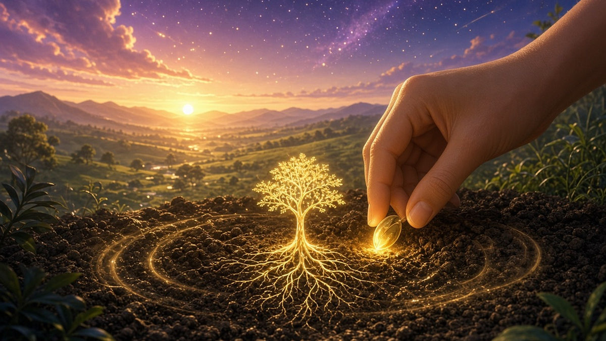 A gentle hand planting a glowing golden seed in rich dark earth