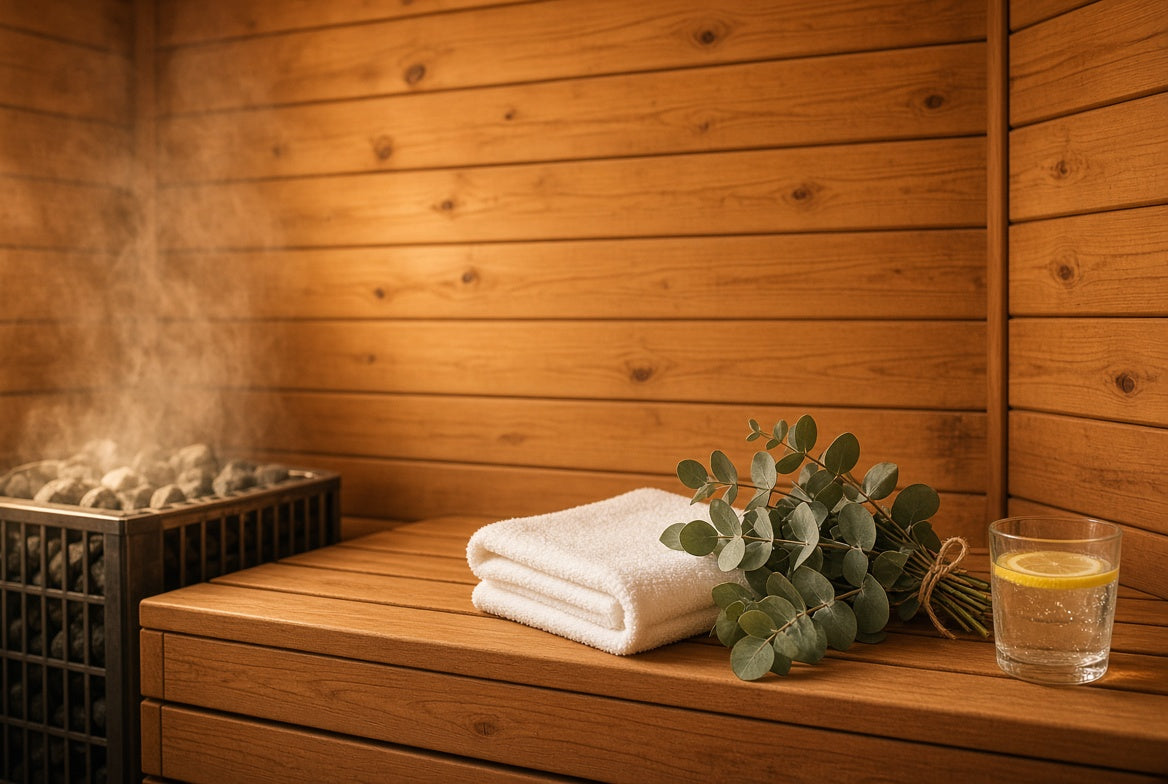 Warm wooden sauna with soft light for a restful self care ritual