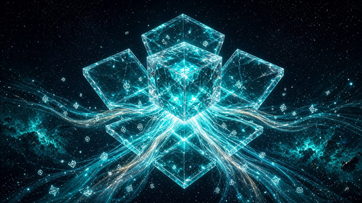 A translucent crystal cube unfolding in deep space like an opened gift, releasing turquoise ribbons of light and glowing sacred glyphs into the cosmos
