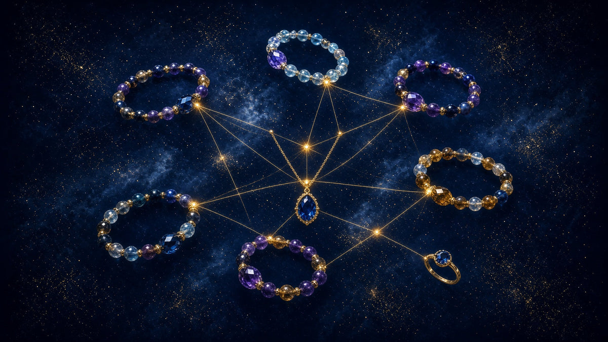 Gemstone bracelets, a sapphire blue pendant and a golden ring floating as stars of a celestial constellation, linked by golden threads of light across a navy night sky