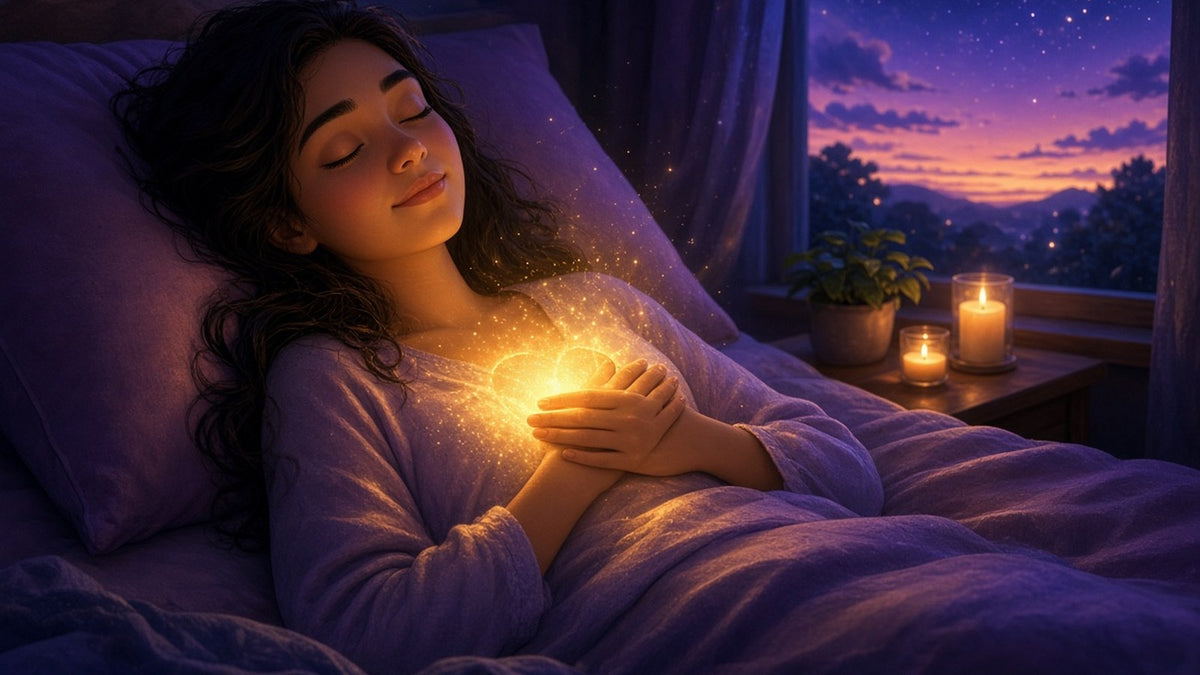 A peaceful woman lying on a bed in a softly lit room at dusk, both hands resting gently on her heart and upper chest