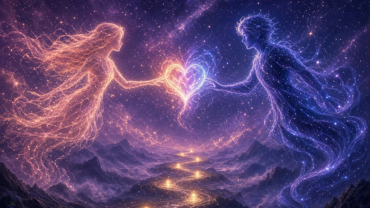 Two glowing human silhouettes of light, one in rose gold and one in deep indigo