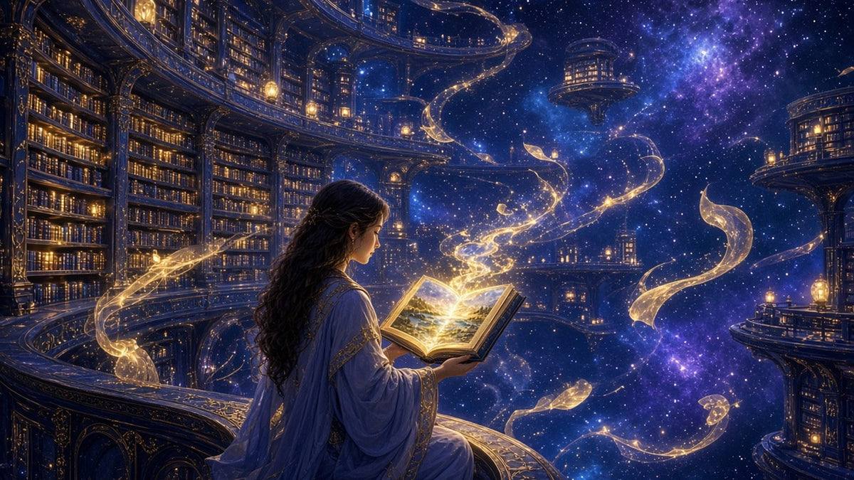 An infinite celestial library floating among stars and nebulae, shelves of glowing books spiraling upward
