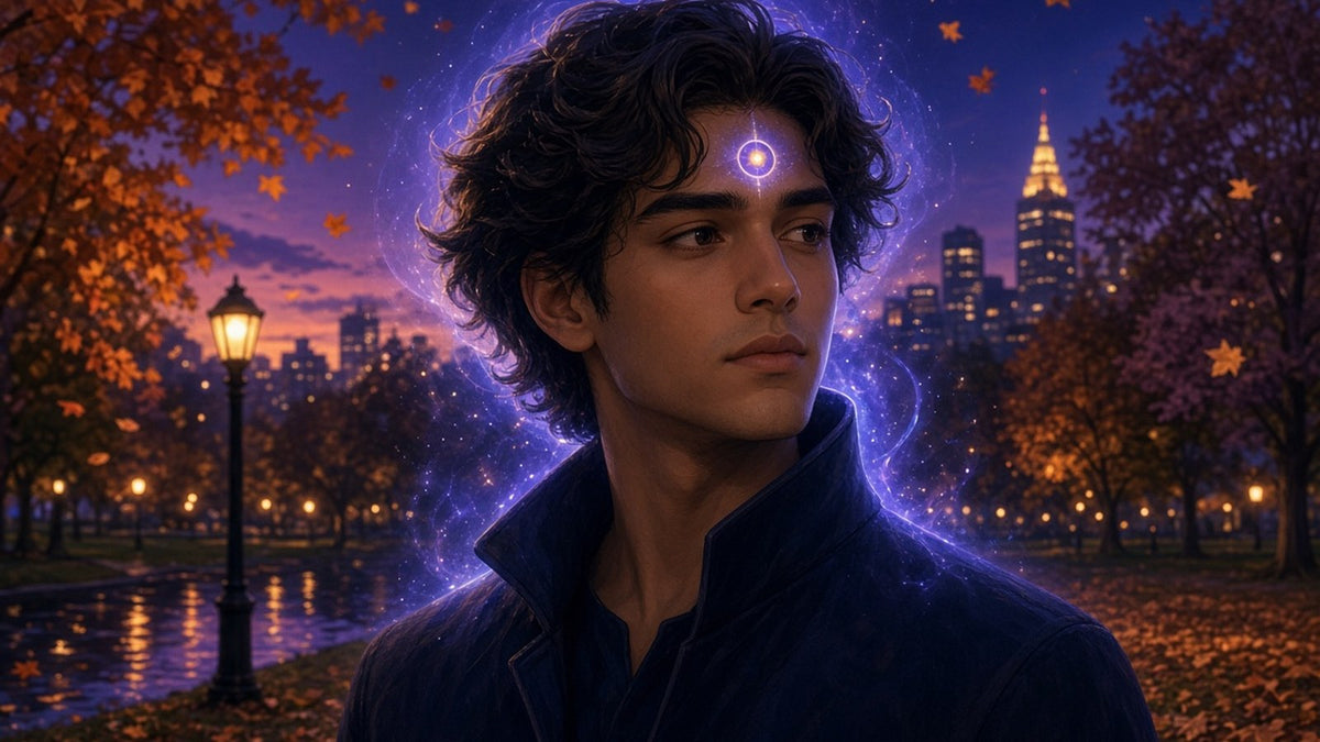 A thoughtful young adult standing in a city park at twilight