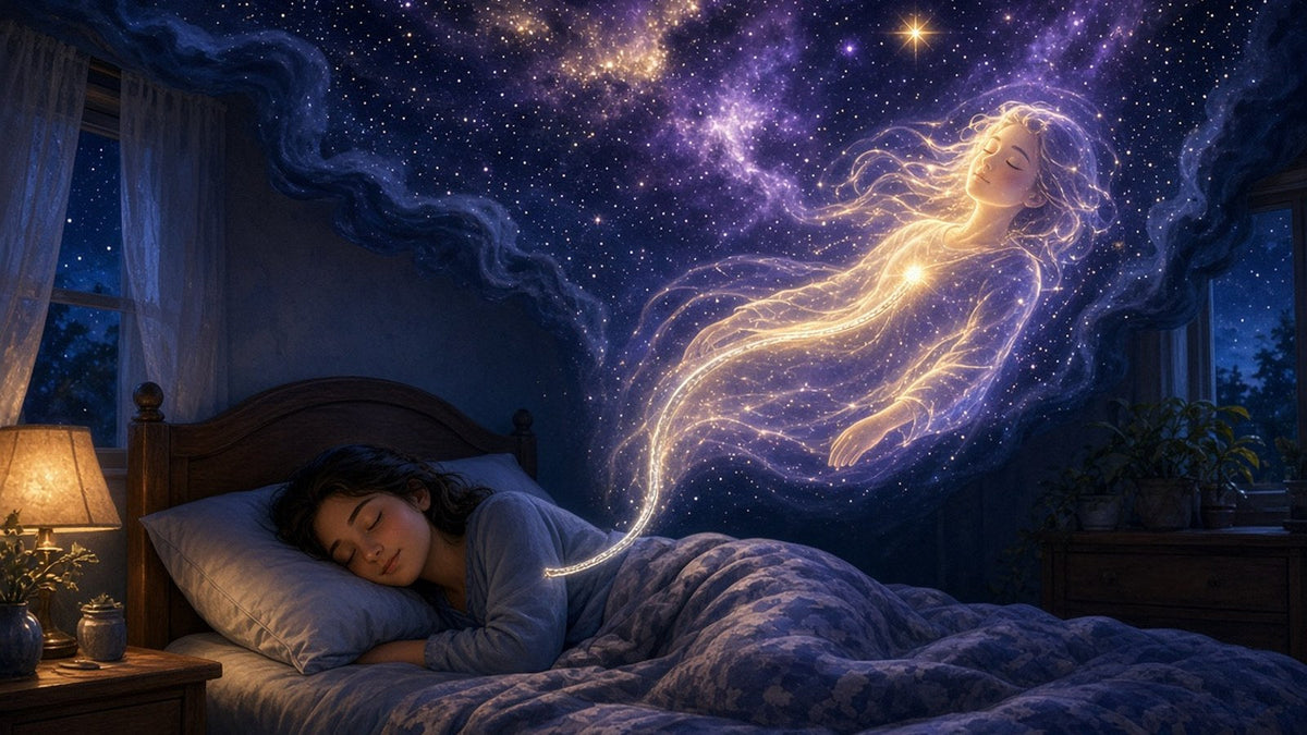 A peaceful person lying asleep on a bed in a moonlit room while their translucent, softly glowing light body rises above