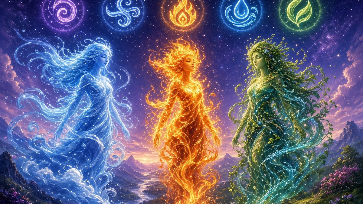 Three luminous figures standing side by side in a dreamy landscape, one made of swirling sky blue air and wind