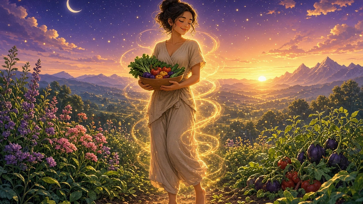 A peaceful person standing barefoot in a garden at sunrise holding a bowl of fresh fruit and vegetables