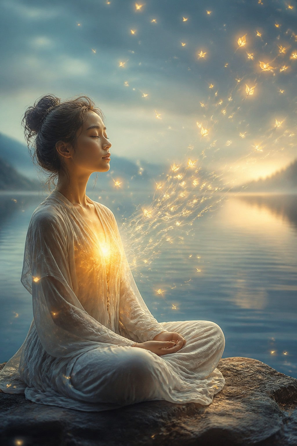 A meditator with closed eyes, small glowing numbers of light drifting away like leaves on a stream, a calm lake behind