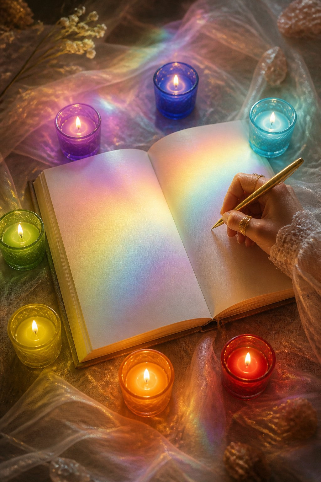 An open journal surrounded by seven small candles in chakra colors, a hand writing with a gold pen, soft rainbow light spilling across the pages
