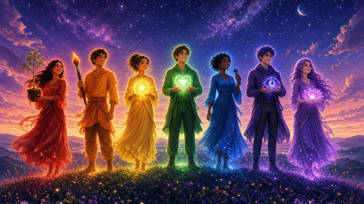Seven luminous people standing in a row on a cosmic hillside at twilight
