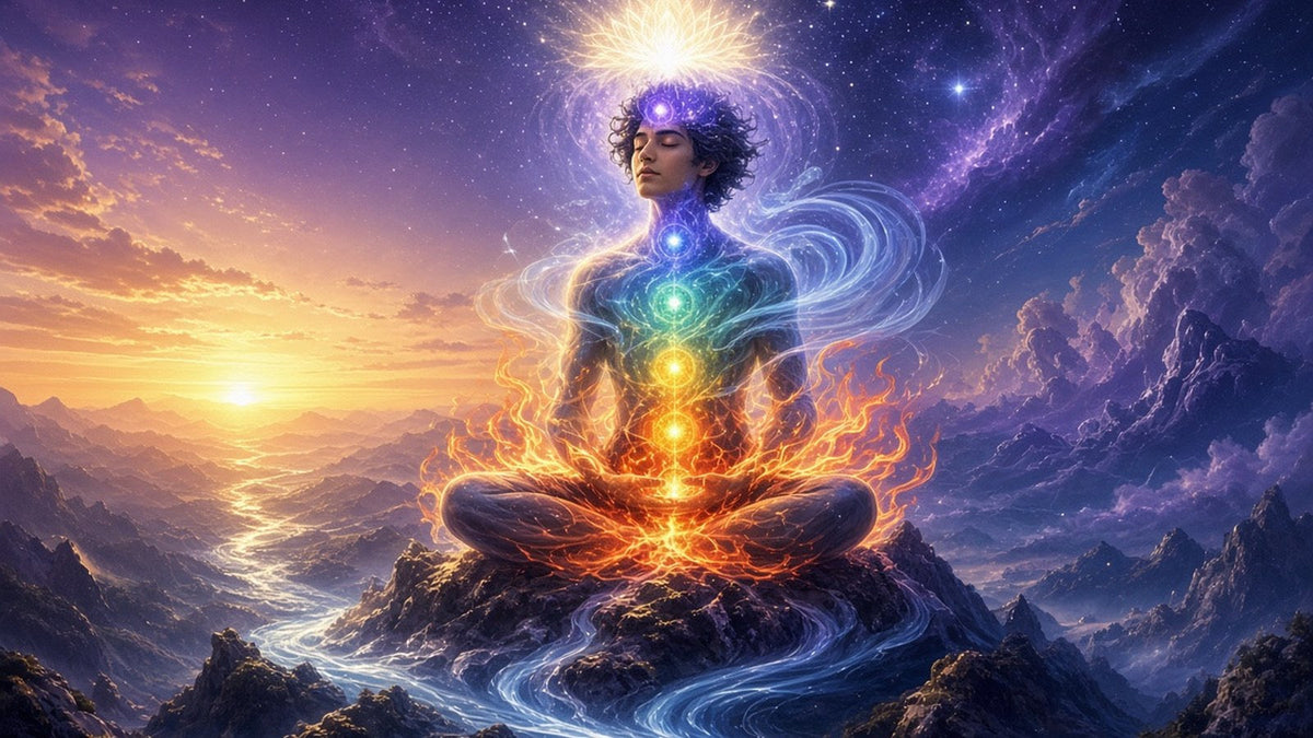 A meditating figure seated on a mountain at sunrise, seven chakras glowing along the spine