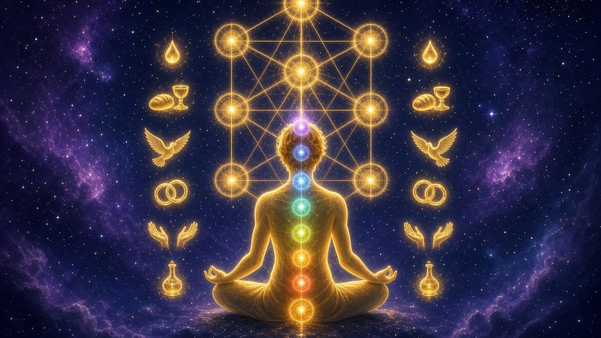 A luminous human figure seated in meditation, seven glowing chakras along the spine