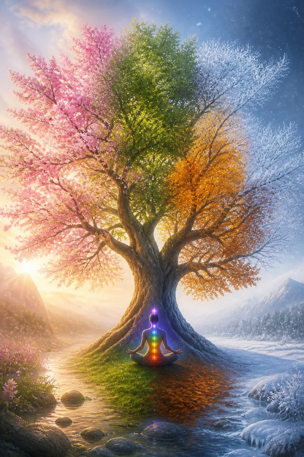A four panel feeling of seasons blended in one tree, spring blossoms, summer leaves, autumn gold, winter frost, a meditator beneath it with soft chakra glow