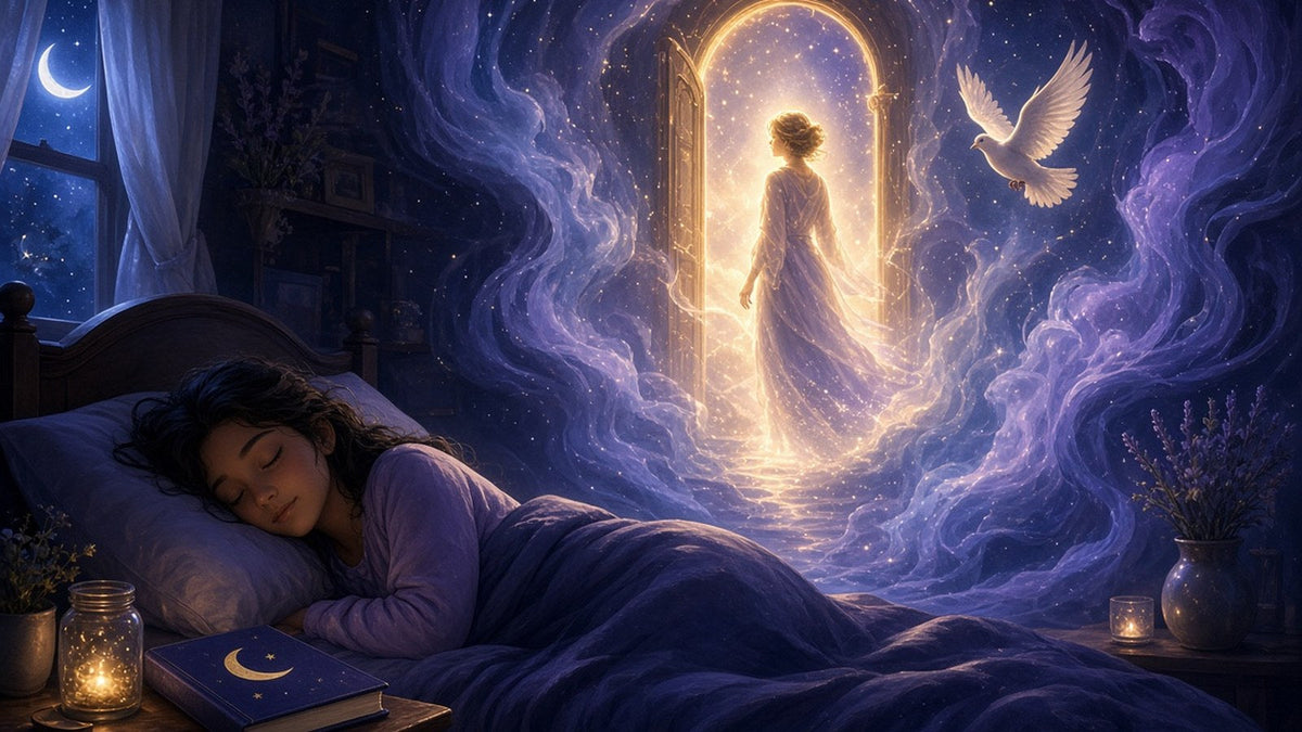 A person asleep in a cozy moonlit bedroom while above them a calm, luminous dream scene unfolds, a glowing doorway
