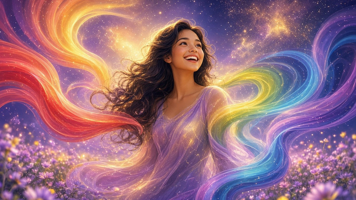 A radiant woman standing in a field of soft light, her aura blooming in layered rainbow colors, ribbons of red, orange, yellow