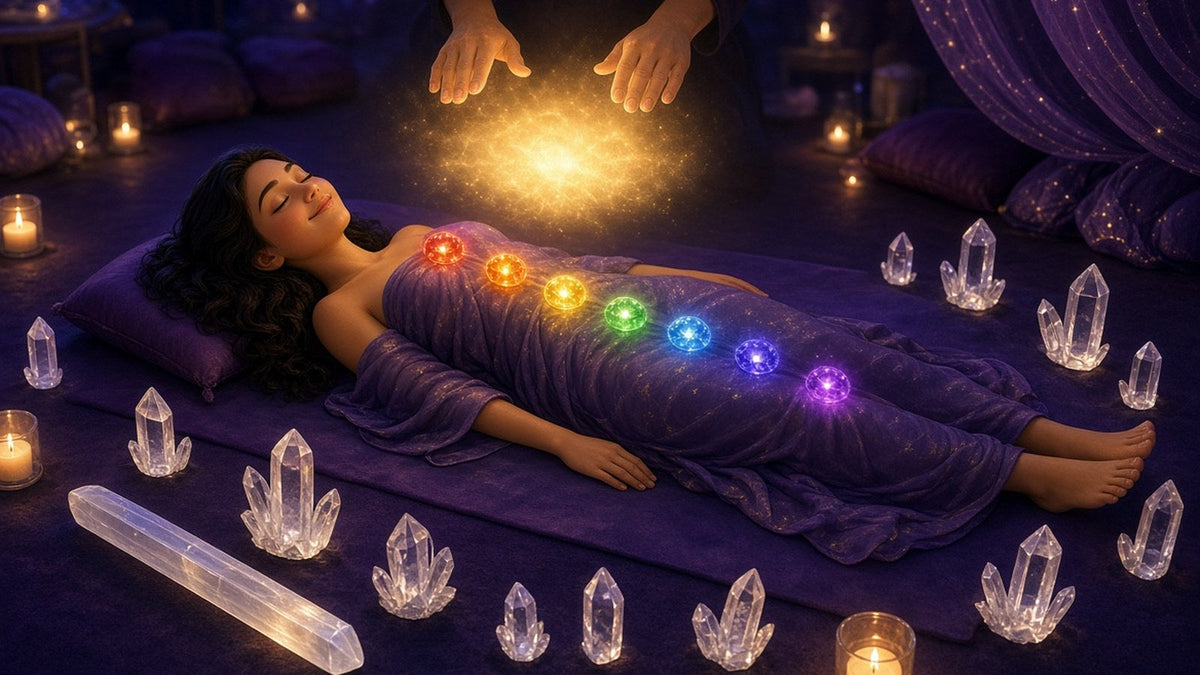 A calm woman lying on a soft mat in a candlelit healing room