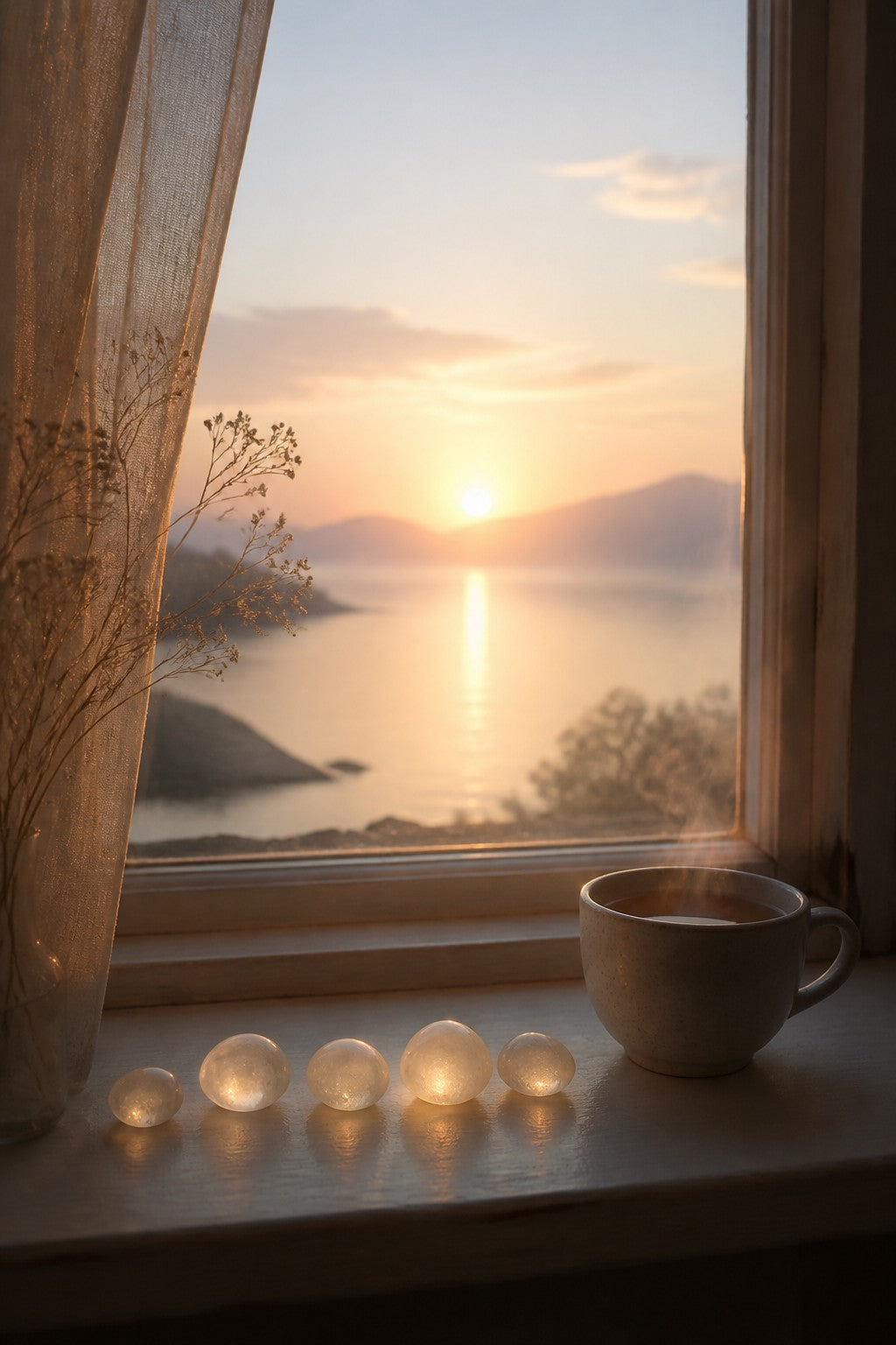 A simple checklist feeling shown as small glowing pebbles on a windowsill, a cup of tea, a sunrise, steady quiet light