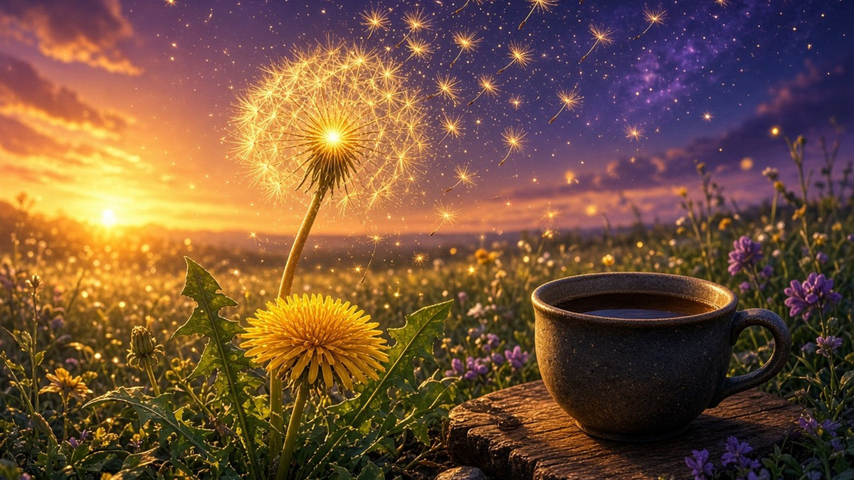 A single glowing dandelion seed head at golden hour, seeds lifting off into the sunset sky like tiny stars