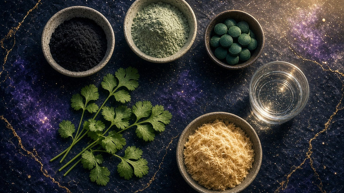 An elegant flat lay on dark slate, small ceramic bowls of black activated charcoal, pale green bentonite clay