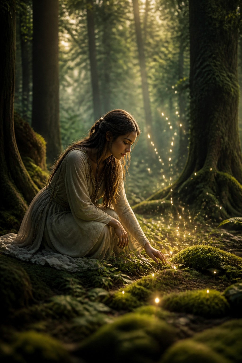 A starseed figure kneeling to touch moss in an old forest, tiny lights rising from the ground like fireflies, Earth as a gentle teacher