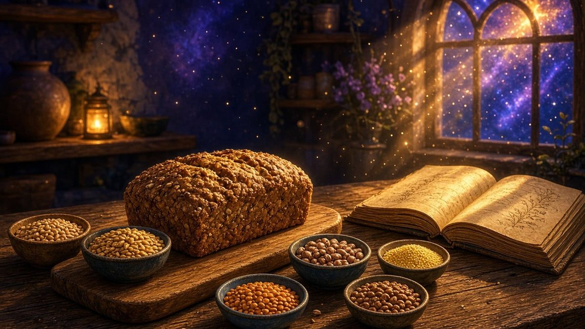 A warm rustic kitchen with a freshly baked loaf of dense sprouted bread on a wooden board, small bowls of wheat berries