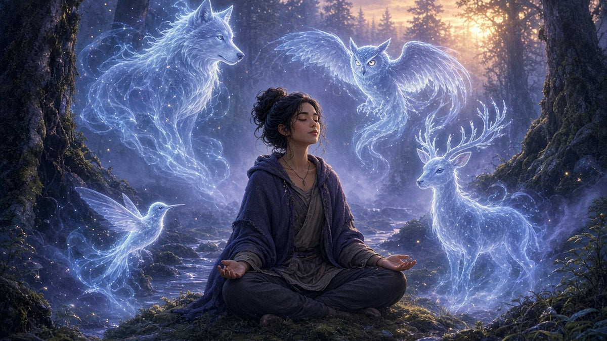A serene person sitting cross-legged in a misty old-growth forest at dawn, eyes closed