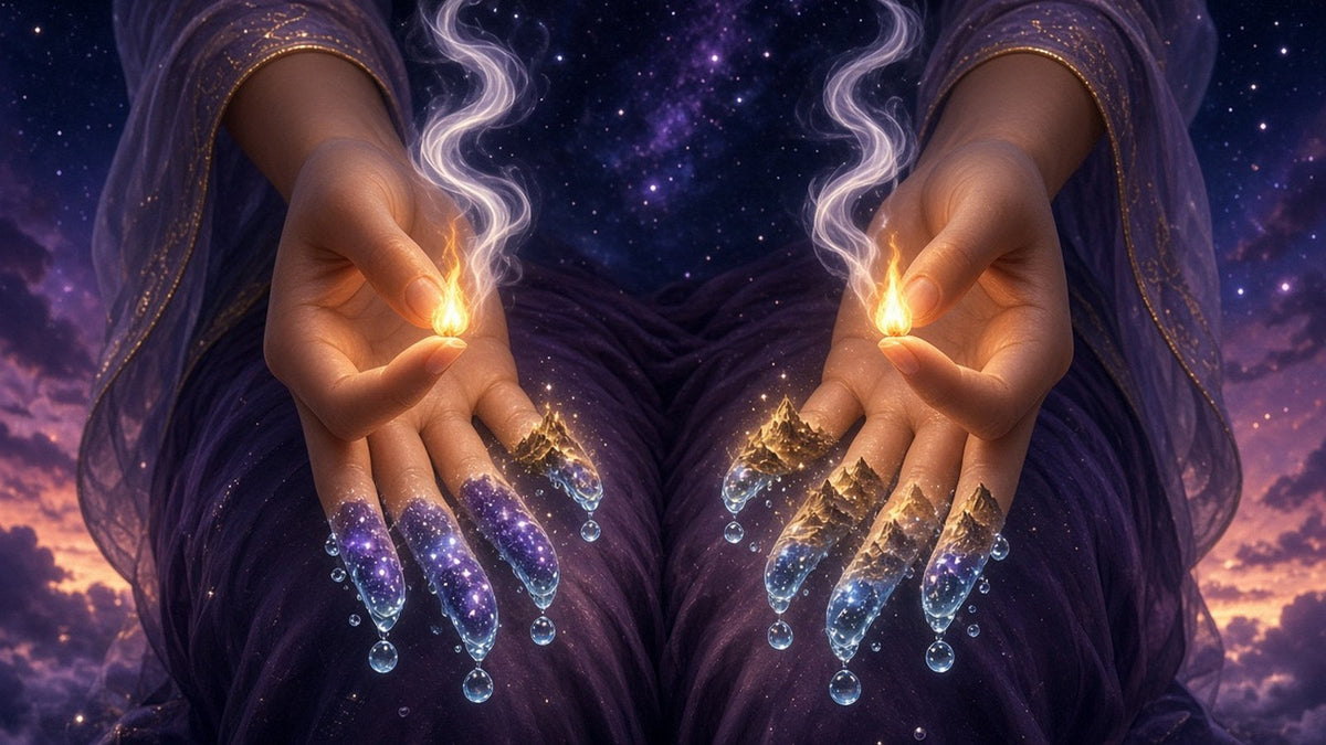 A pair of graceful hands resting on knees in a classic gyan mudra, softly glowing