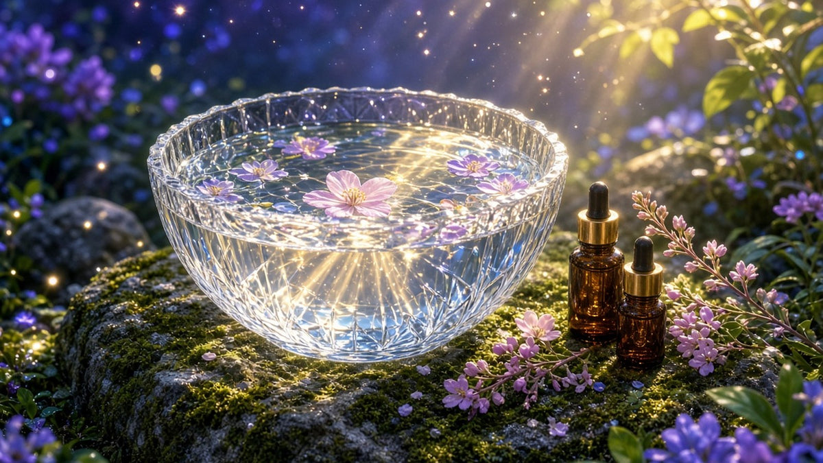 A clear crystal bowl of spring water on a mossy garden stone in bright morning sunlight