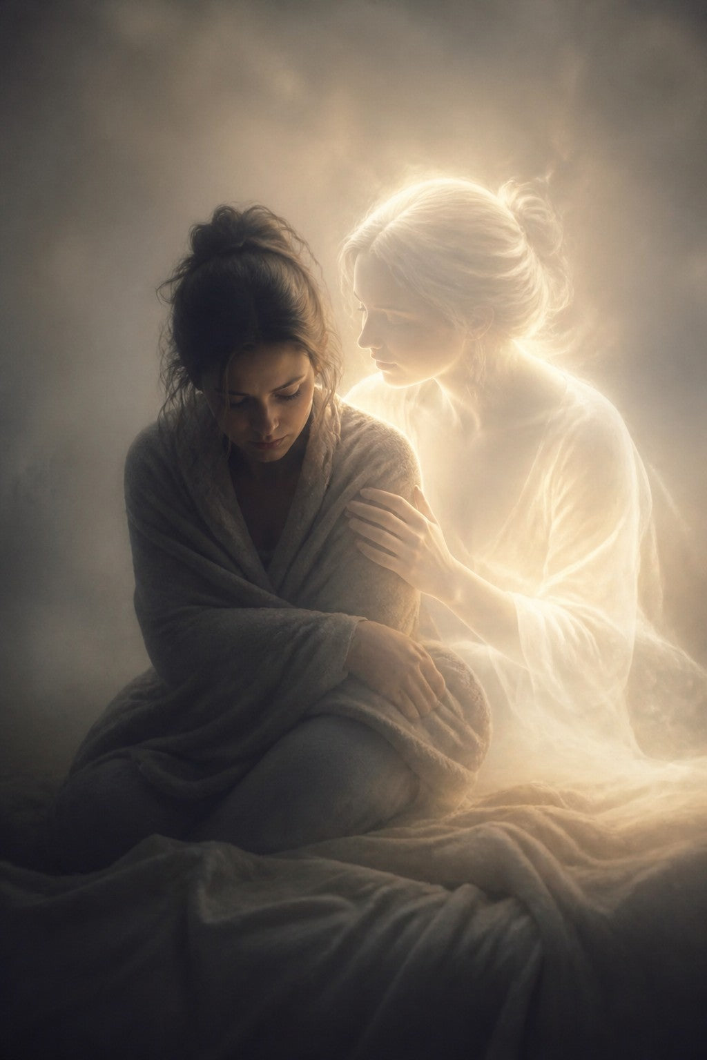 A person sitting alone wrapped in a soft shawl, a translucent luminous version of themselves sitting beside them with a hand on their shoulder