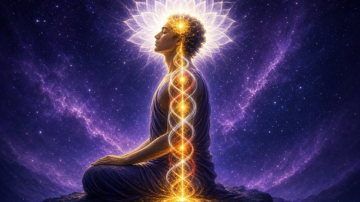 A meditating figure in profile glowing from within, a luminous golden serpent of light spiraling up the spine from the root