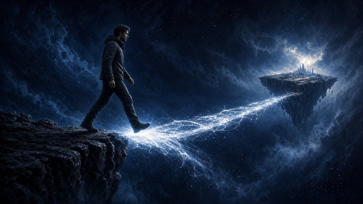 Man in a dark jacket stepping off a rocky cliff onto a bridge of light that forms beneath his feet, leading to a glowing floating island