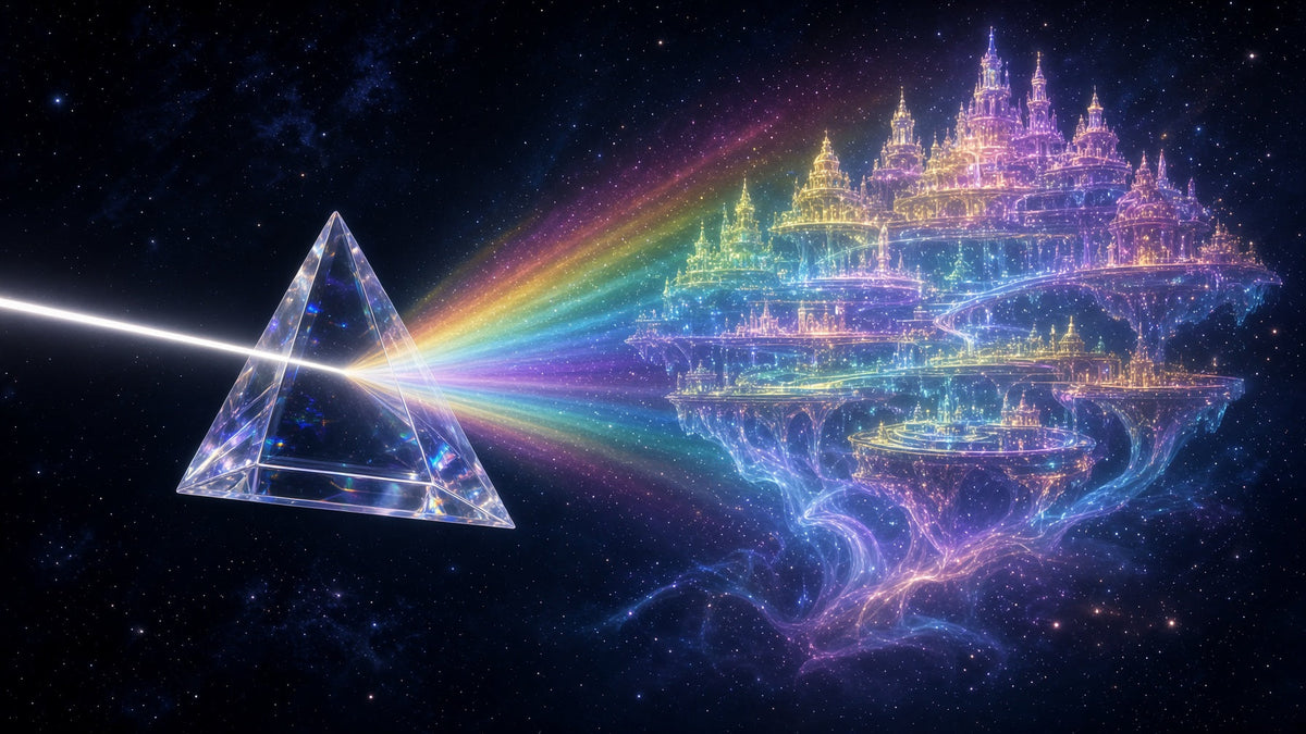Crystal prism floating in darkness, splitting a beam of white light into a glowing rainbow dream city of terraces hovering in space