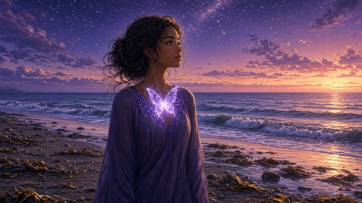 A serene woman standing on a beach at sunset, a gentle violet butterfly-shaped glow at her throat