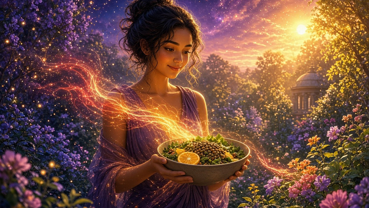 A woman standing in a sunlit garden holding a bowl of dark leafy greens, lentils and citrus