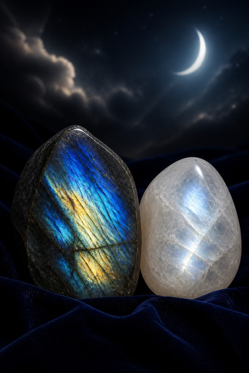A labradorite slab flashing blue and gold beside a milky moonstone glowing silver, side by side on dark velvet under a crescent moon