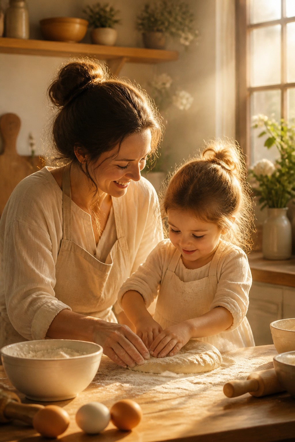 A warm family kitchen with a parent and child baking, gentle golden light filling the room, calm and kindness