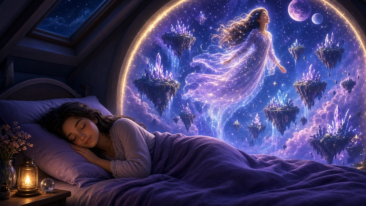 A young woman asleep in a cozy bed under a skylight