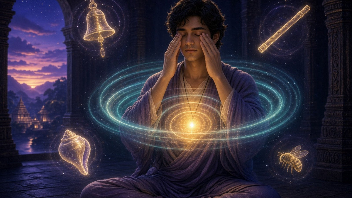 A peaceful person seated in a dim temple at dusk, thumbs softly closing the ears and fingers resting over closed eyes