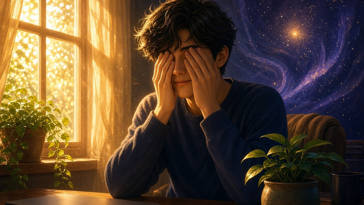 A calm young man sitting at a sunlit window in a cozy room, eyes closed, warm cupped palms resting gently over his eyes