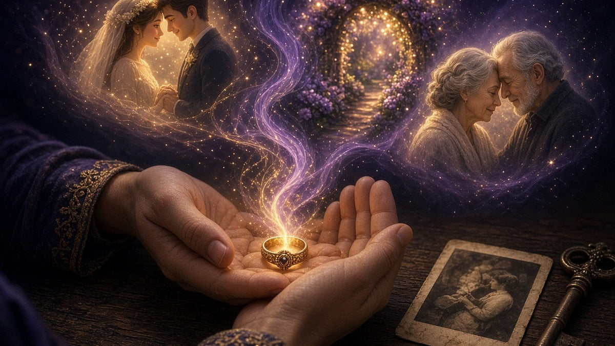 Close-up of gentle hands cupping an antique gold ring on a wooden table