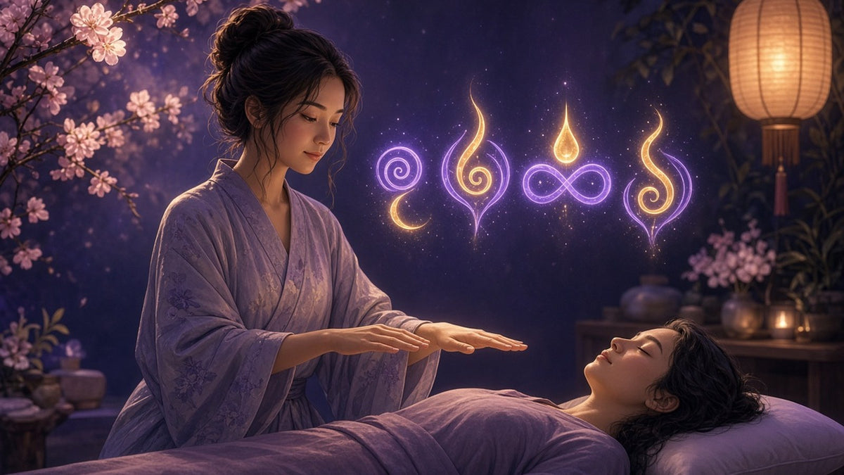 A calm Reiki practitioner in a softly lit healing room with hands held above a resting person