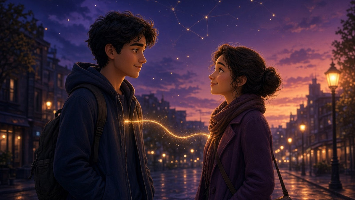 Two strangers meeting for the first time on a city street at dusk, both pausing with a look of warm recognition
