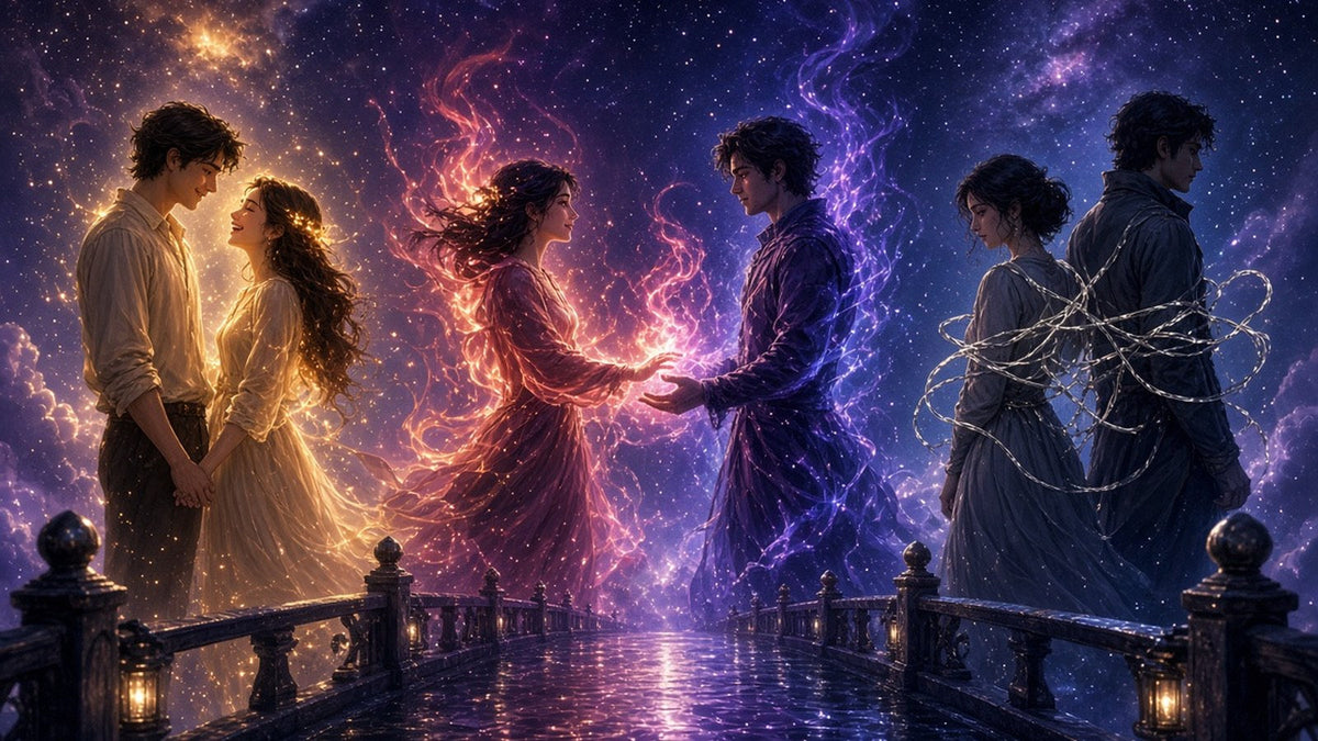 Three softly glowing couples standing on a starry bridge, on the left a gentle pair in warm golden light holding hands and laughing