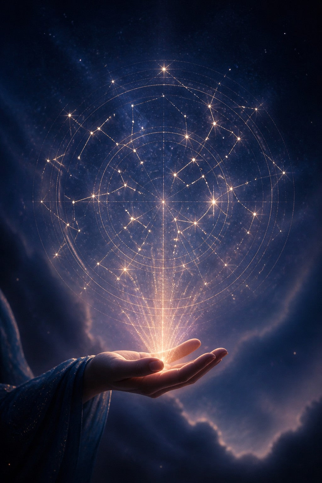 A glowing star map unfolding above an open palm, constellations forming a soft personal chart, deep indigo sky