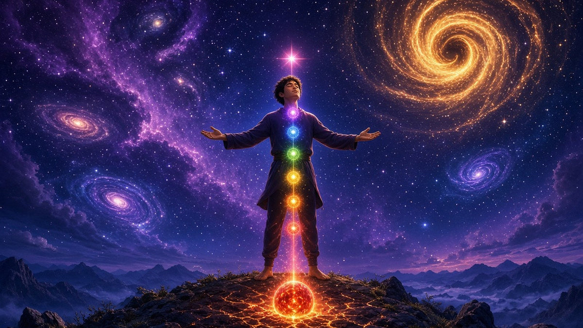A person standing on a hilltop at night with arms open
