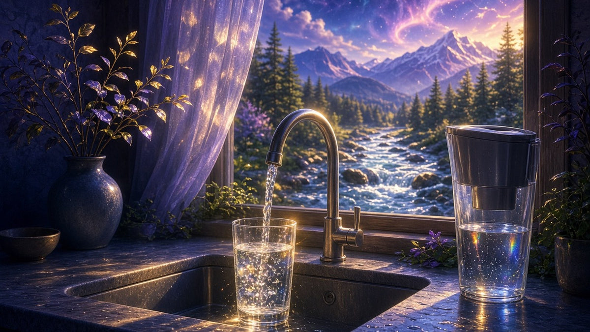 A sunlit kitchen sink with a clear glass being filled from a faucet, a sleek water filter pitcher beside it