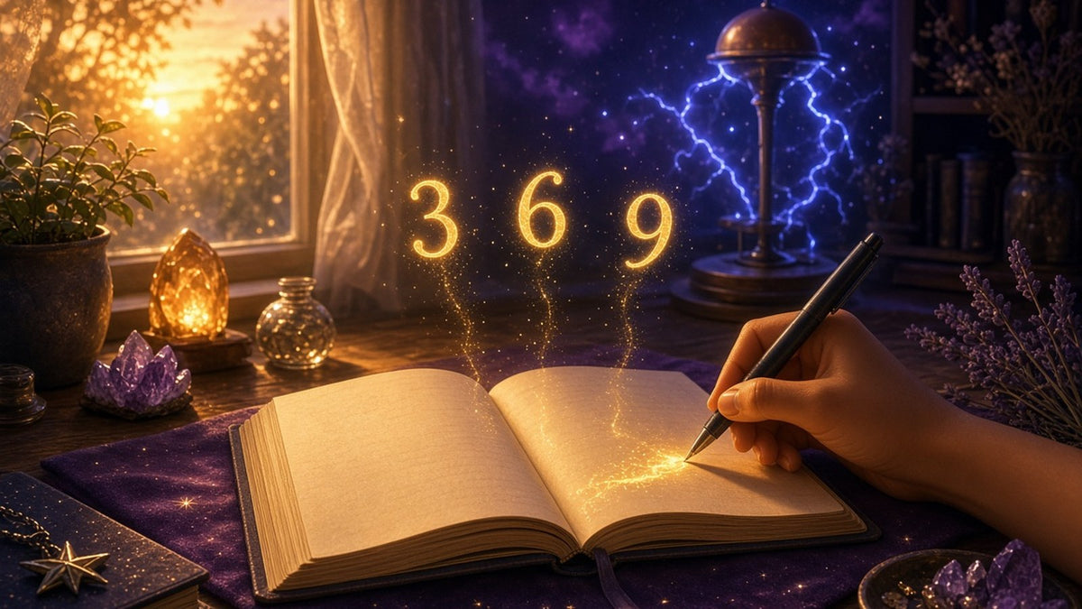 A cozy desk by a window at golden hour with an open journal, a hand writing an intention in glowing golden ink, the numbers 3
