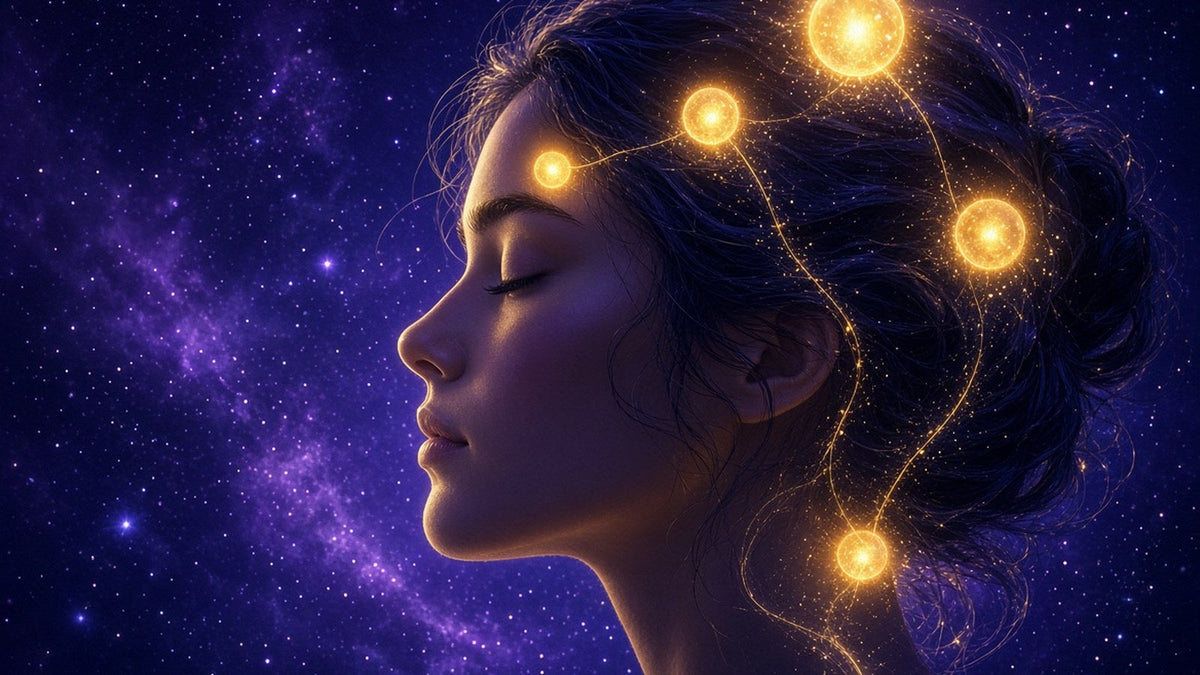 Close-up profile portrait of a calm woman with closed eyes in meditation, five softly glowing orbs of light at the brow
